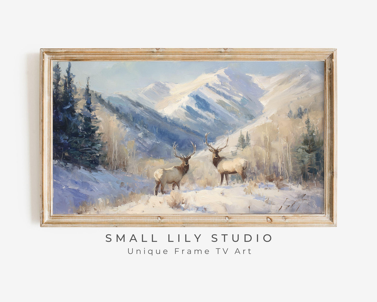 FRAME TV art Elk in Winter Landscape, Samsung Frame TV Art Vintage Style Deer Painting | TV1095