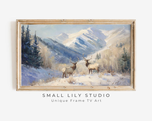 FRAME TV art Elk in Winter Landscape, Samsung Frame TV Art Vintage Style Deer Painting | TV1095