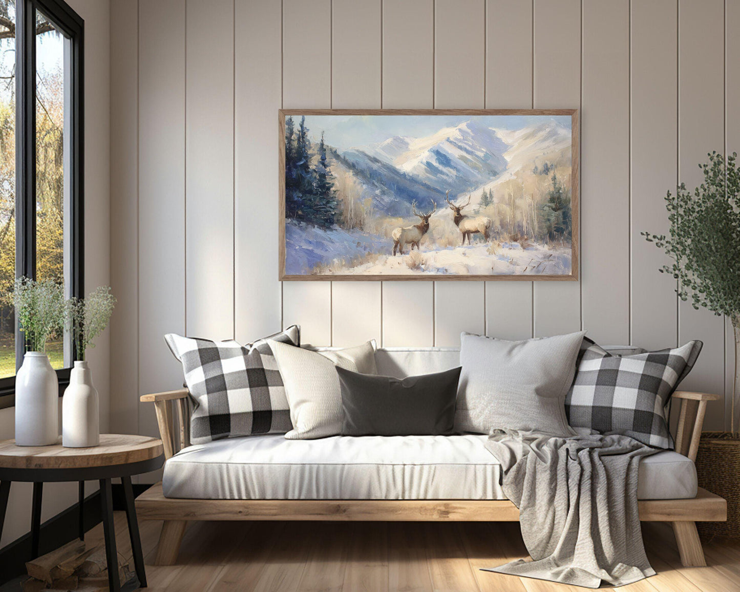 FRAME TV art Elk in Winter Landscape, Samsung Frame TV Art Vintage Style Deer Painting | TV1095