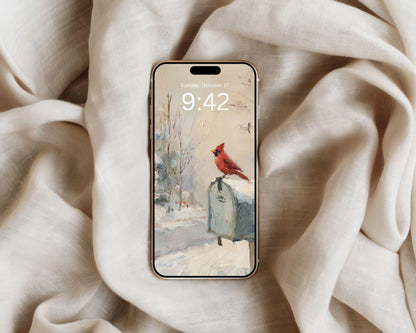 Red Cardinal Phone Wallpaper, Christmas iPhone Wallpaper, Winter Samsung Galaxy Phone Background, Vintage Style Art | WP155