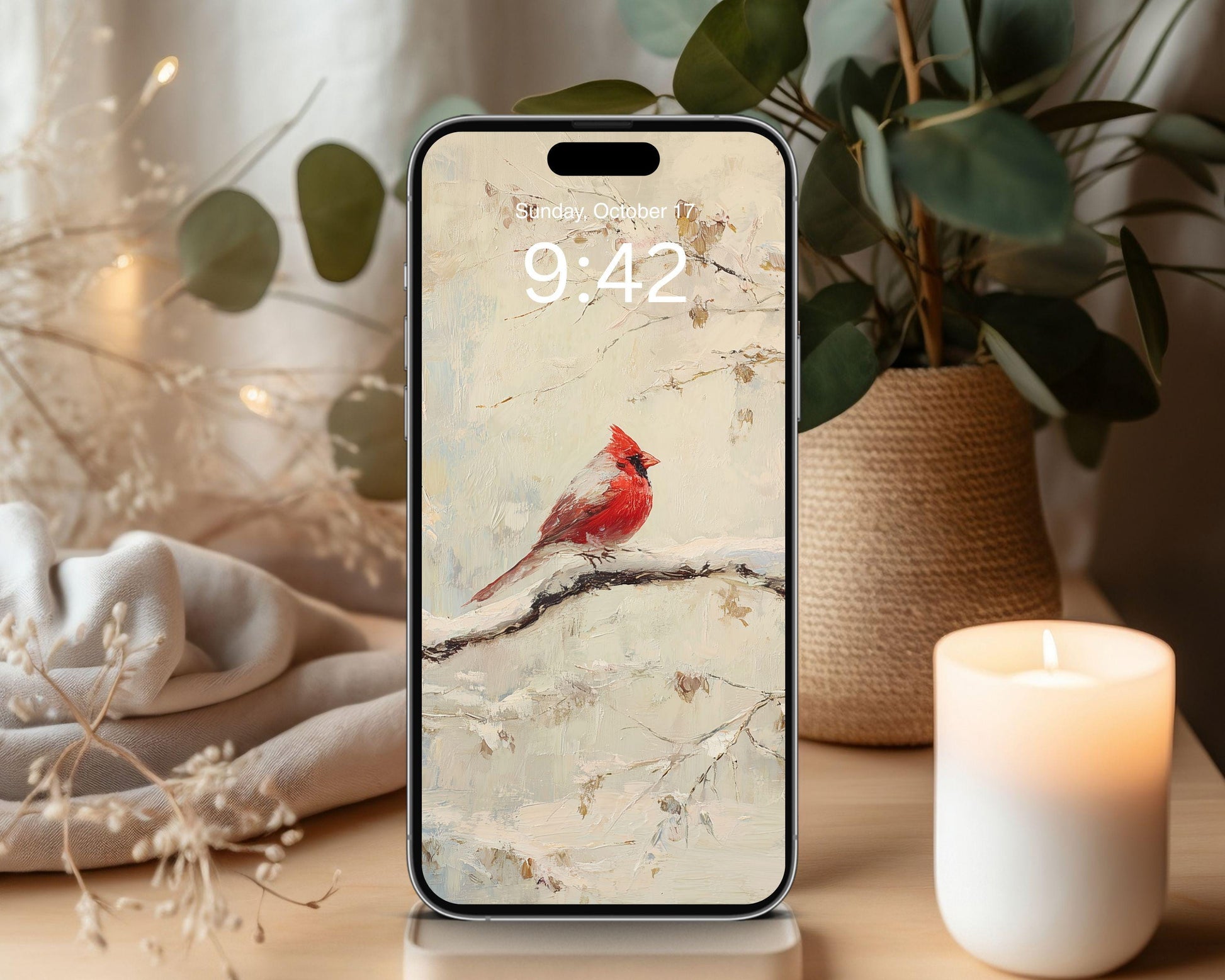 Red Cardinal Phone Wallpaper, Christmas iPhone Wallpaper, Winter Samsung Galaxy Phone Background, Vintage Style Art | WP156