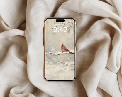 Red Cardinal Phone Wallpaper, Christmas iPhone Wallpaper, Winter Samsung Galaxy Phone Background, Vintage Style Art | WP157
