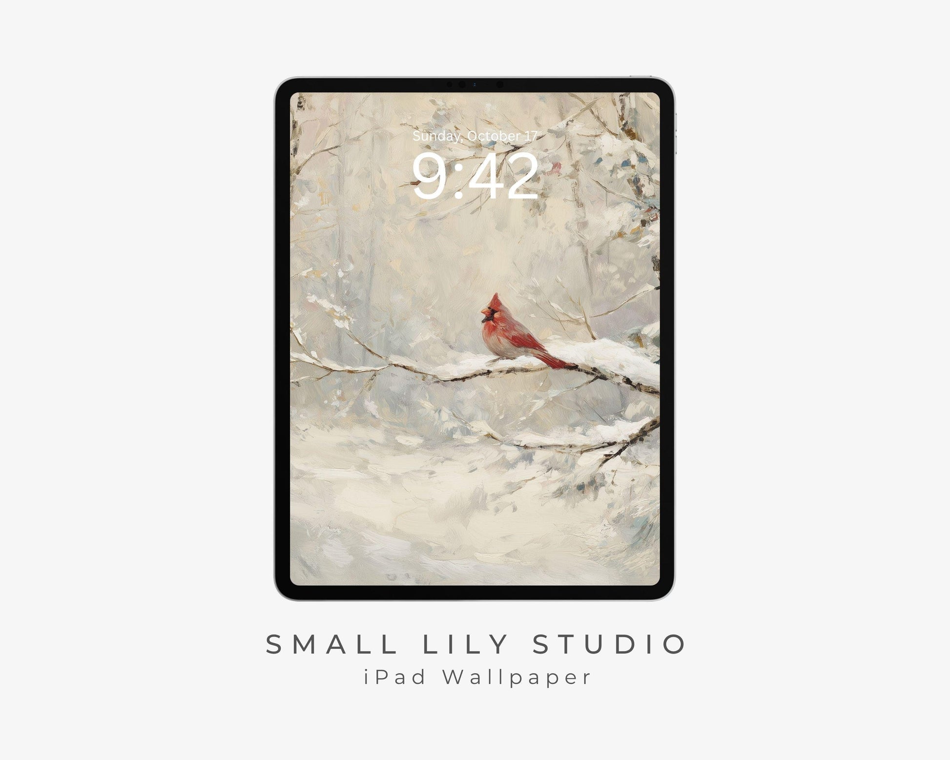 Red Cardinal iPad Wallpaper, Christmas iPad Background, Winter Tablet Wallpaper, Vintage Style Painting | WT157