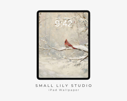 Red Cardinal iPad Wallpaper, Christmas iPad Background, Winter Tablet Wallpaper, Vintage Style Painting | WT157