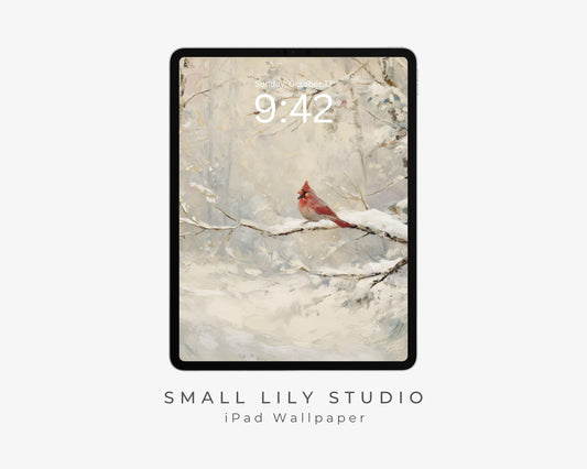 Red Cardinal iPad Wallpaper, Christmas iPad Background, Winter Tablet Wallpaper, Vintage Style Painting | WT157