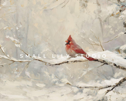 Red Cardinal iPad Wallpaper, Christmas iPad Background, Winter Tablet Wallpaper, Vintage Style Painting | WT157