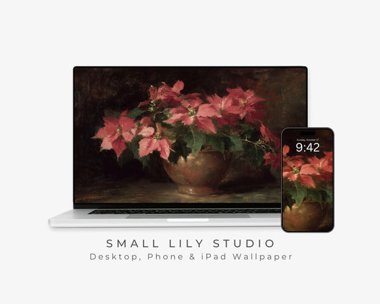 Poinsettia Flowers Desktop Wallpaper Set, Christmas Phone Wallpaper, Moody Floral iPhone Wallpaper, iPad Background Vintage Style | WS158