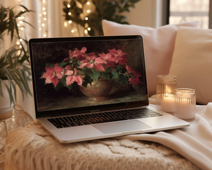 Poinsettia Flowers Desktop Wallpaper Set, Christmas Phone Wallpaper, Moody Floral iPhone Wallpaper, iPad Background Vintage Style | WS158