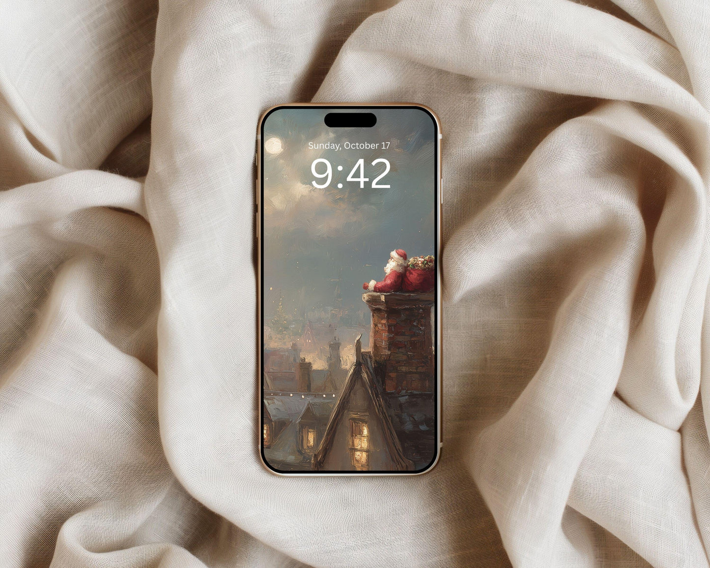 Christmas Phone Wallpaper Set of 2, Red Velvet Bow iPhone Wallpaper, Santa Samsung Galaxy Phone Background, Vintage Style Art | WPB006