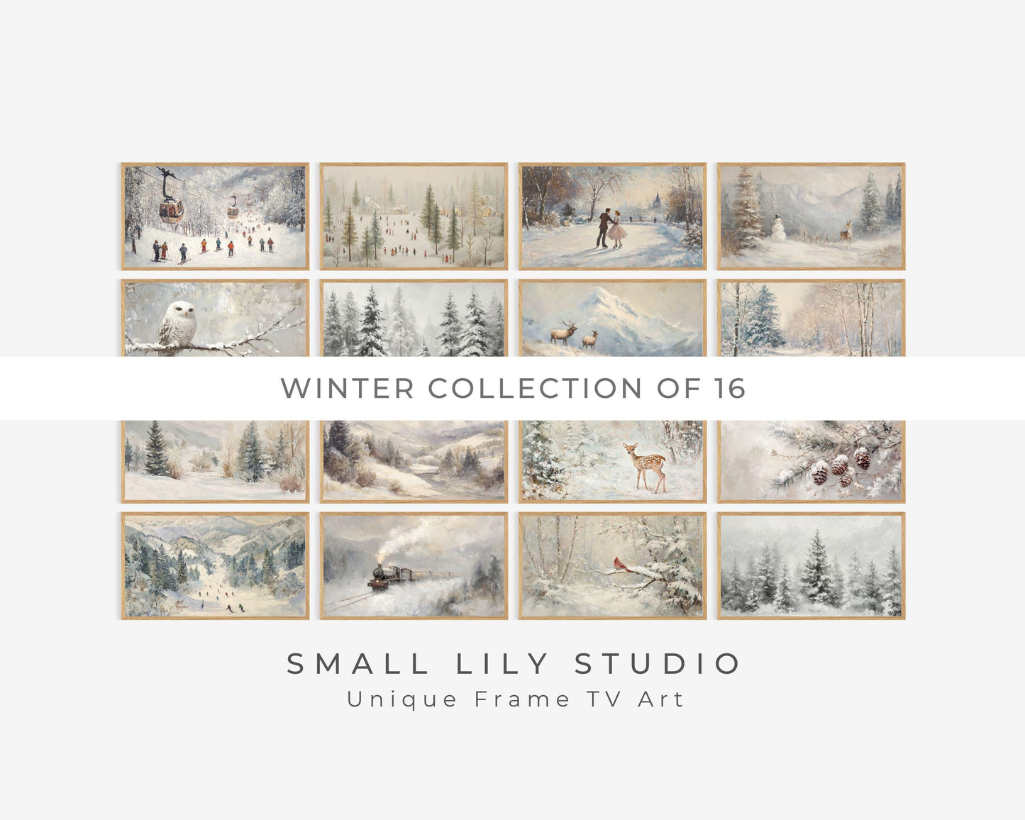 Winter FRAME TV Art Bundle of 16, Samsung Frame TV Art Skiing, Snowy Landscapes and Cute Animals | TV740