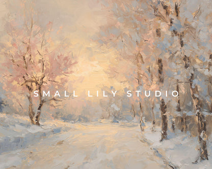 Pink Winter Desktop Wallpaper Set, Snowy Landscape Wallpaper, Aesthetic iPhone Wallpaper, iPad Background Vintage Style Painting | WS159