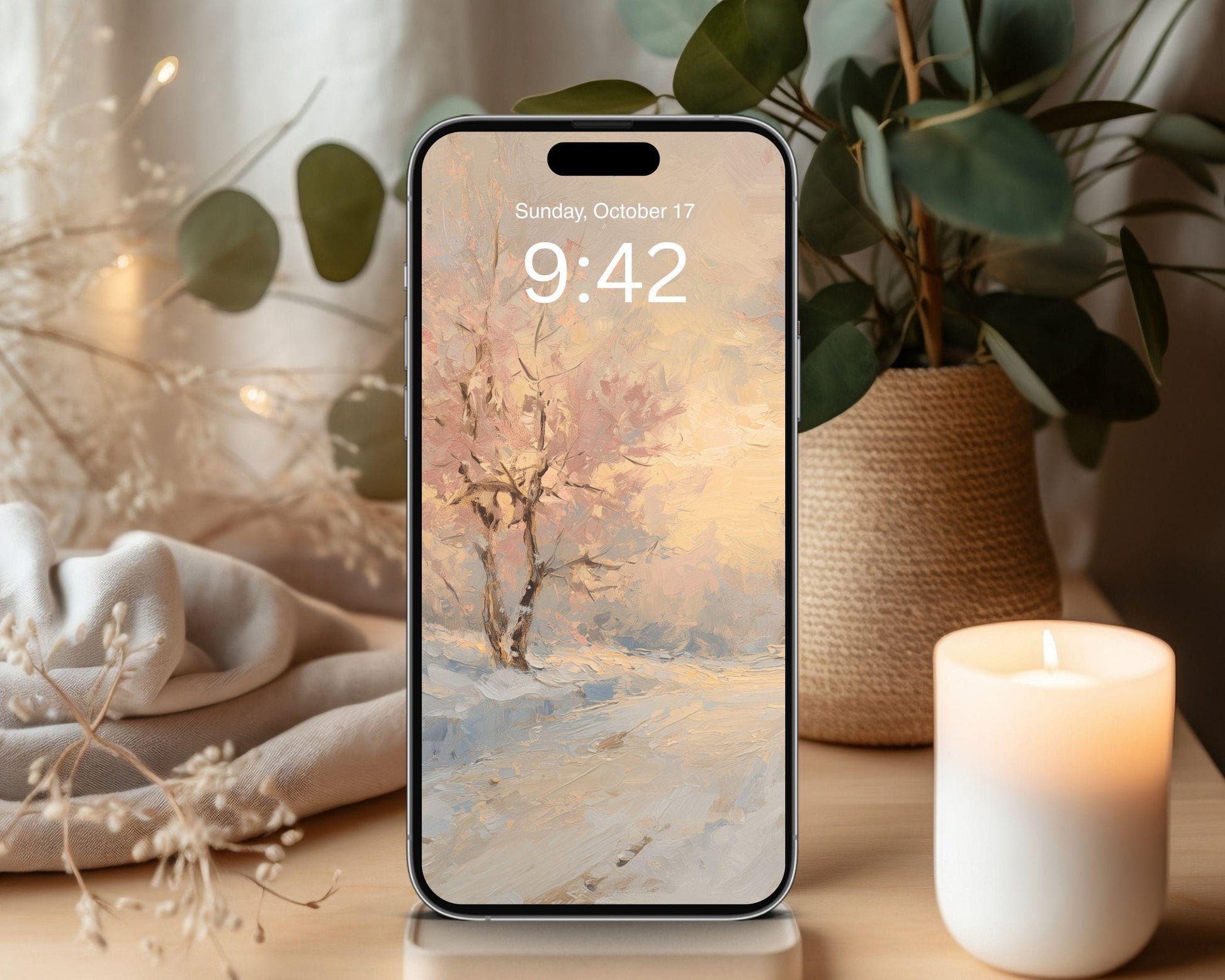 Pink Winter Desktop Wallpaper Set, Snowy Landscape Wallpaper, Aesthetic iPhone Wallpaper, iPad Background Vintage Style Painting | WS159