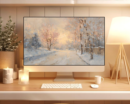Pink Winter Desktop Wallpaper Set, Snowy Landscape Wallpaper, Aesthetic iPhone Wallpaper, iPad Background Vintage Style Painting | WS159