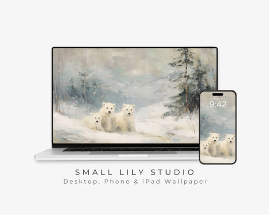 Polar Bears Desktop Wallpaper Set, Winter Landscape Wallpaper, Cute Animals iPhone Wallpaper, iPad Background Vintage Style | WS160