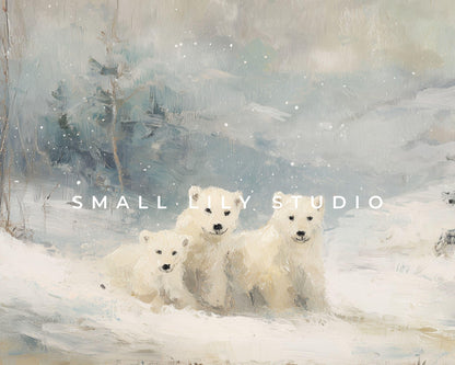 Polar Bears Desktop Wallpaper Set, Winter Landscape Wallpaper, Cute Animals iPhone Wallpaper, iPad Background Vintage Style | WS160