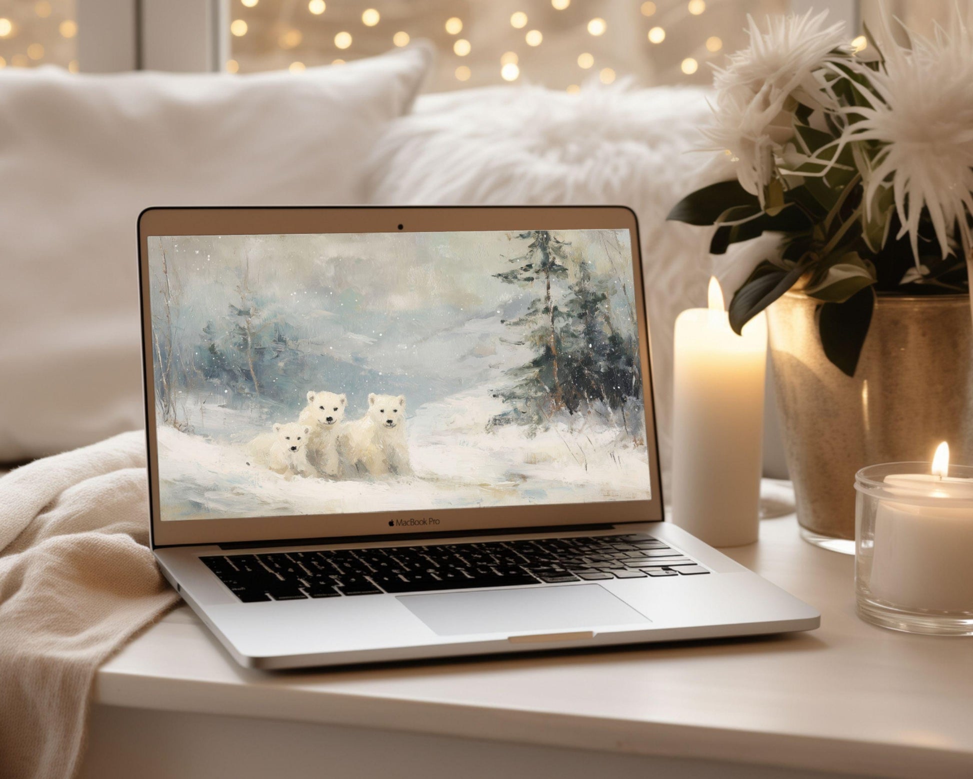 Polar Bears Desktop Wallpaper Set, Winter Landscape Wallpaper, Cute Animals iPhone Wallpaper, iPad Background Vintage Style | WS160