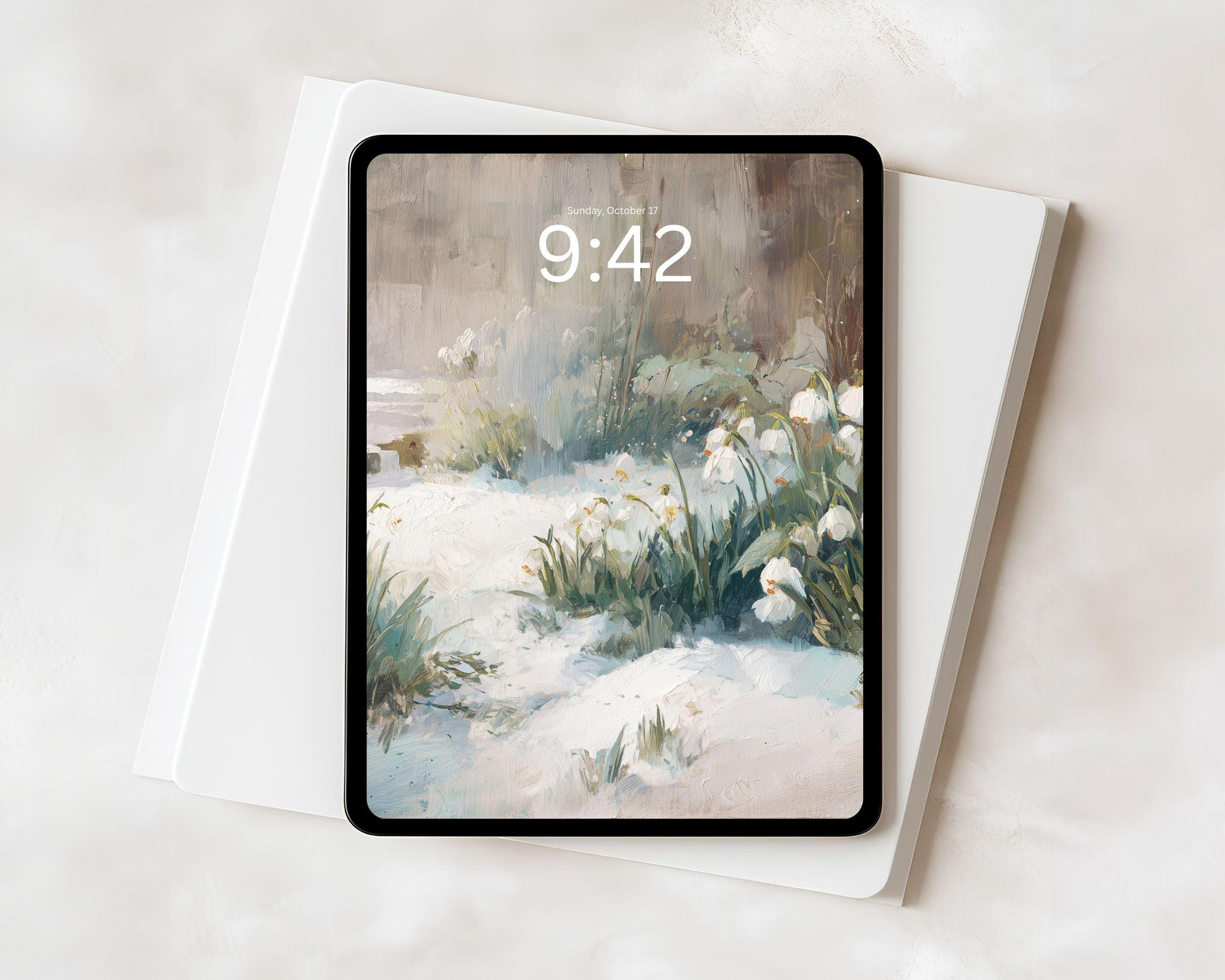 Snow Drops Desktop Wallpaper Set, Winter Garden Wallpaper, Floral iPhone Wallpaper, iPad Background Vintage Style Flowers | WS162