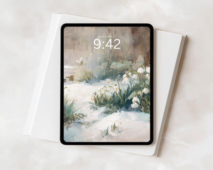 Snow Drops Desktop Wallpaper Set, Winter Garden Wallpaper, Floral iPhone Wallpaper, iPad Background Vintage Style Flowers | WS162