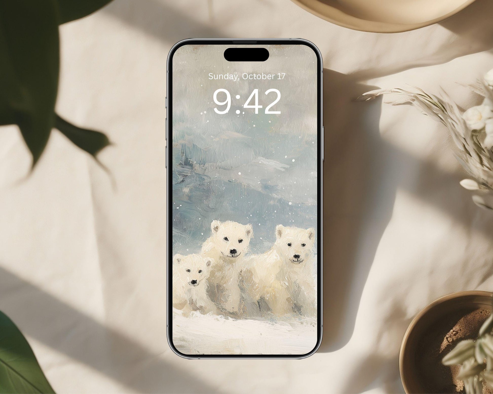 Polar Bears Phone Wallpaper, Winter iPhone Wallpaper, Cute Animals Samsung Galaxy Phone Background, Vintage Style Art | WP160