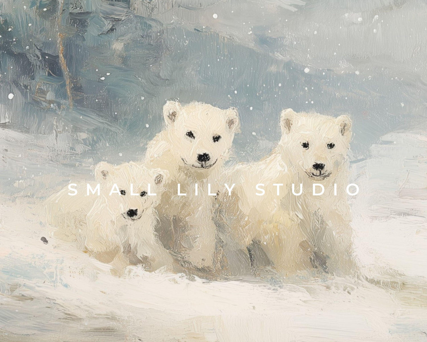 Polar Bears iPad Wallpaper, Winter iPad Background, Cute Animals Tablet Wallpaper, Vintage Style Painting | WT160
