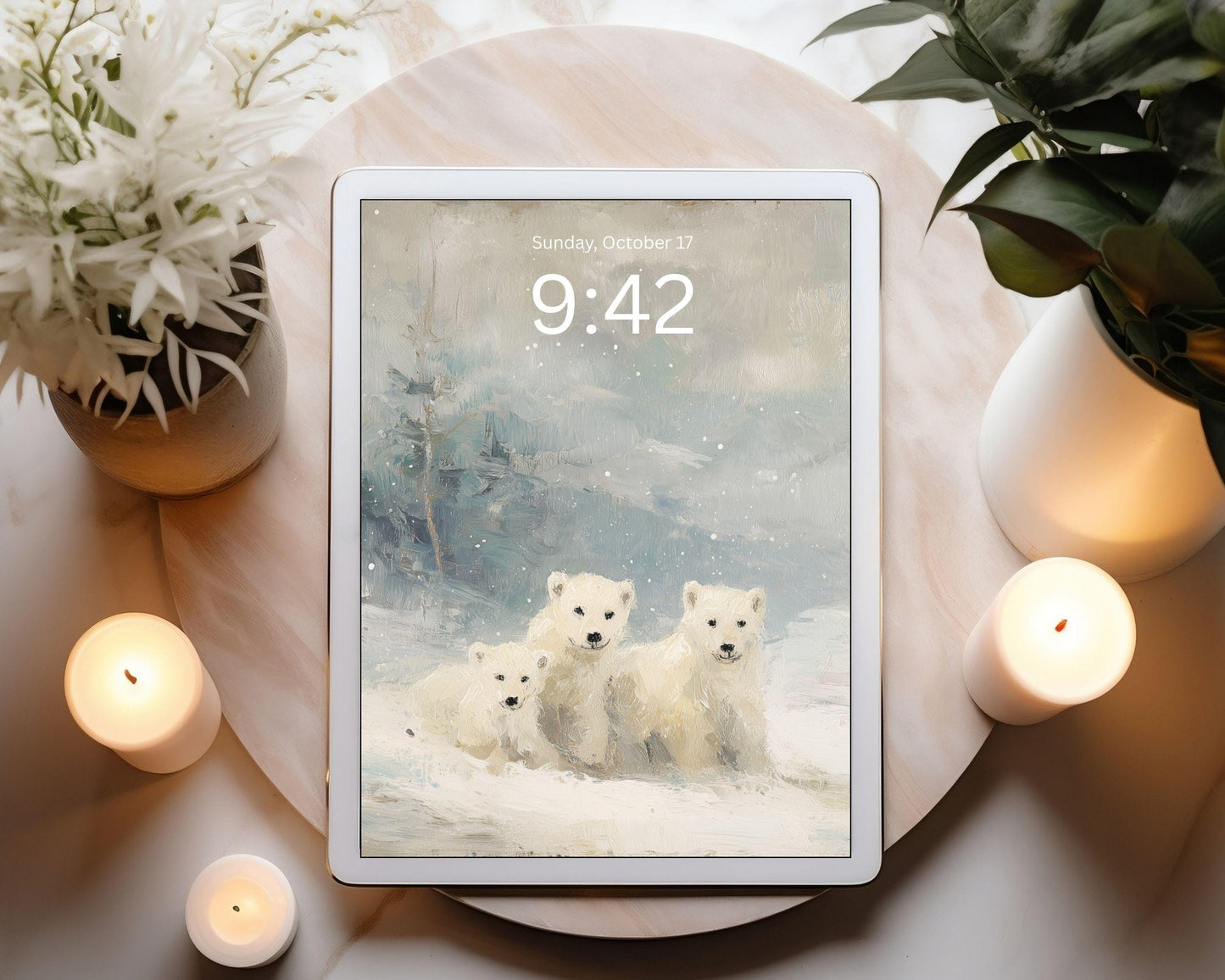 Polar Bears iPad Wallpaper, Winter iPad Background, Cute Animals Tablet Wallpaper, Vintage Style Painting | WT160