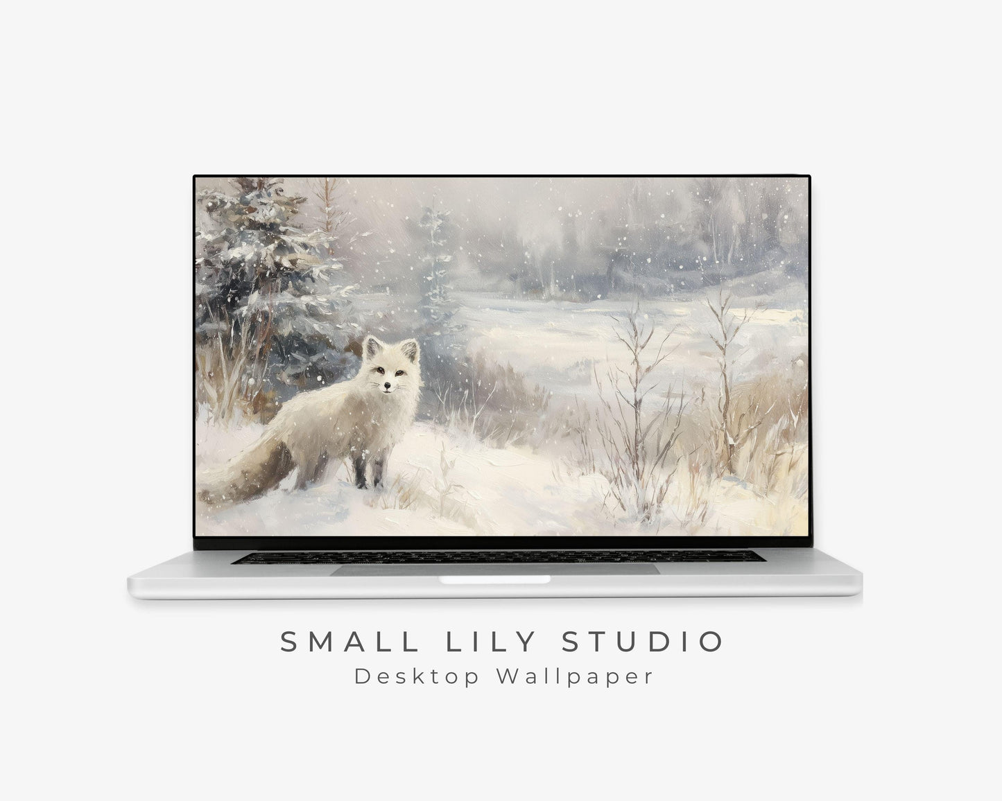 Arctic Fox Desktop Wallpaper, Winter Macbook Wallpaper, Cute Animal Laptop Background, Vintage Style Painting | WD161