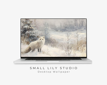 Arctic Fox Desktop Wallpaper, Winter Macbook Wallpaper, Cute Animal Laptop Background, Vintage Style Painting | WD161