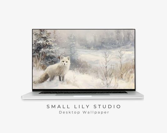 Arctic Fox Desktop Wallpaper, Winter Macbook Wallpaper, Cute Animal Laptop Background, Vintage Style Painting | WD161