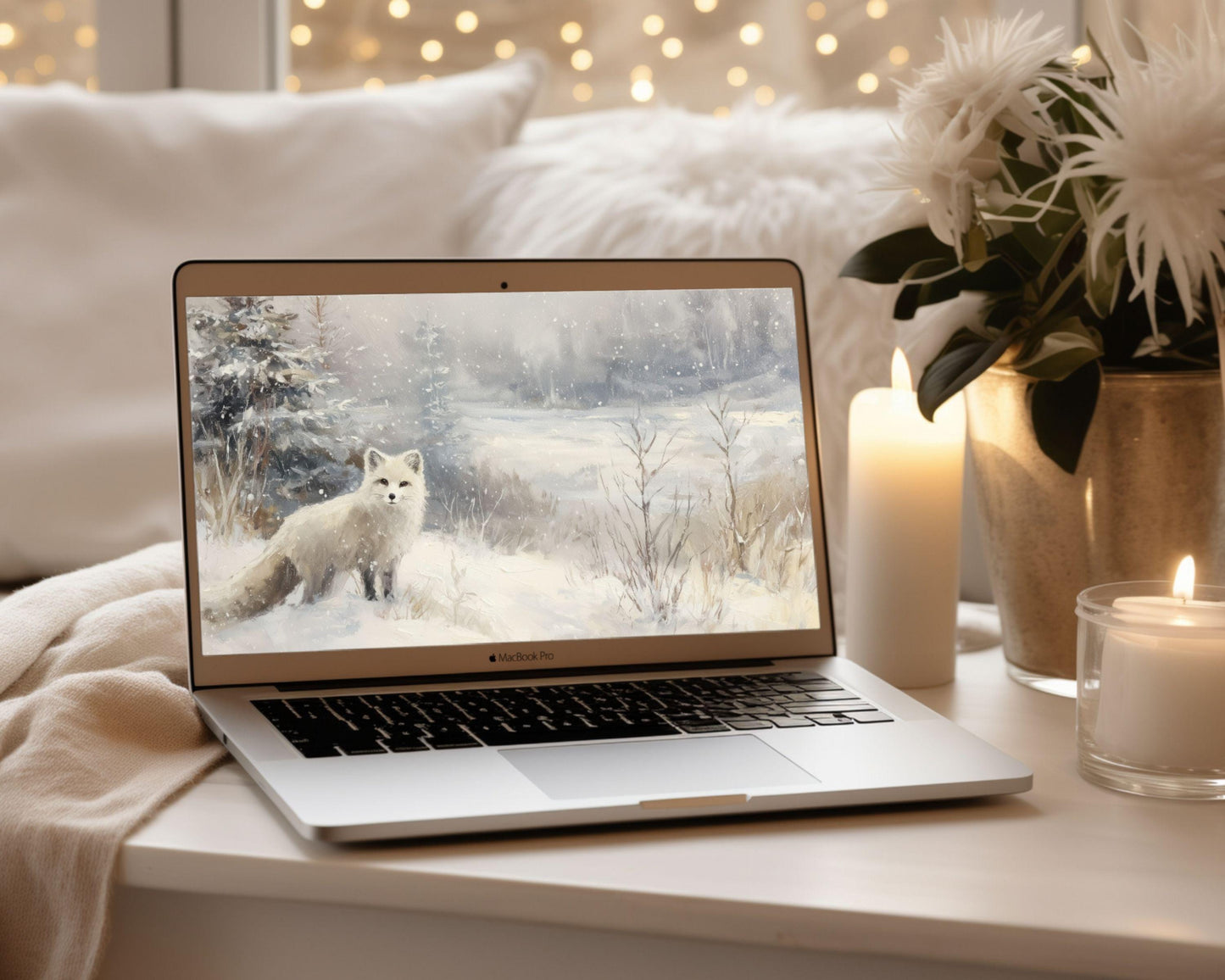 Arctic Fox Desktop Wallpaper, Winter Macbook Wallpaper, Cute Animal Laptop Background, Vintage Style Painting | WD161