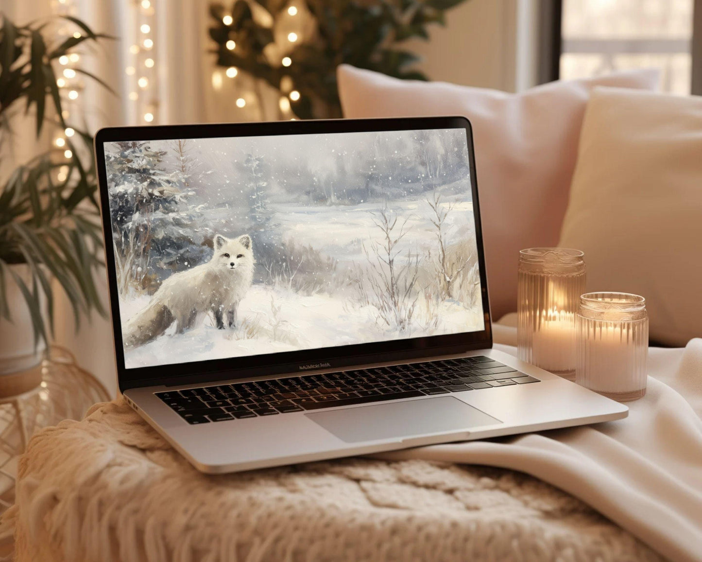 Arctic Fox Desktop Wallpaper, Winter Macbook Wallpaper, Cute Animal Laptop Background, Vintage Style Painting | WD161