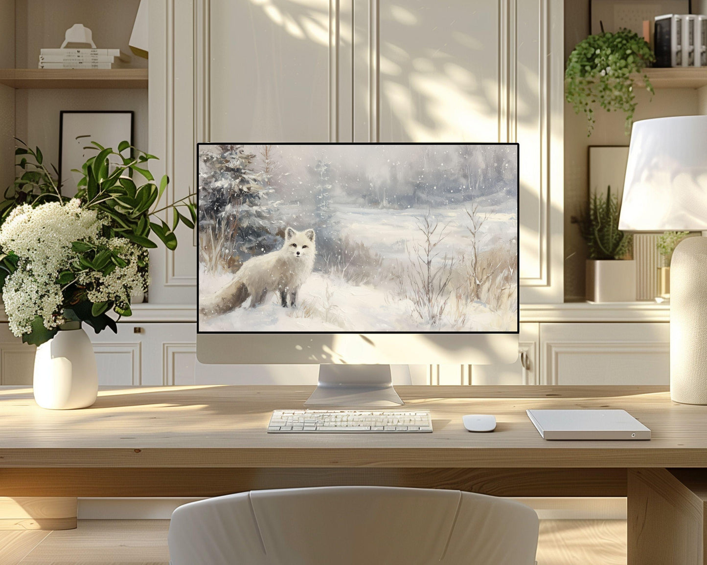 Arctic Fox Desktop Wallpaper, Winter Macbook Wallpaper, Cute Animal Laptop Background, Vintage Style Painting | WD161