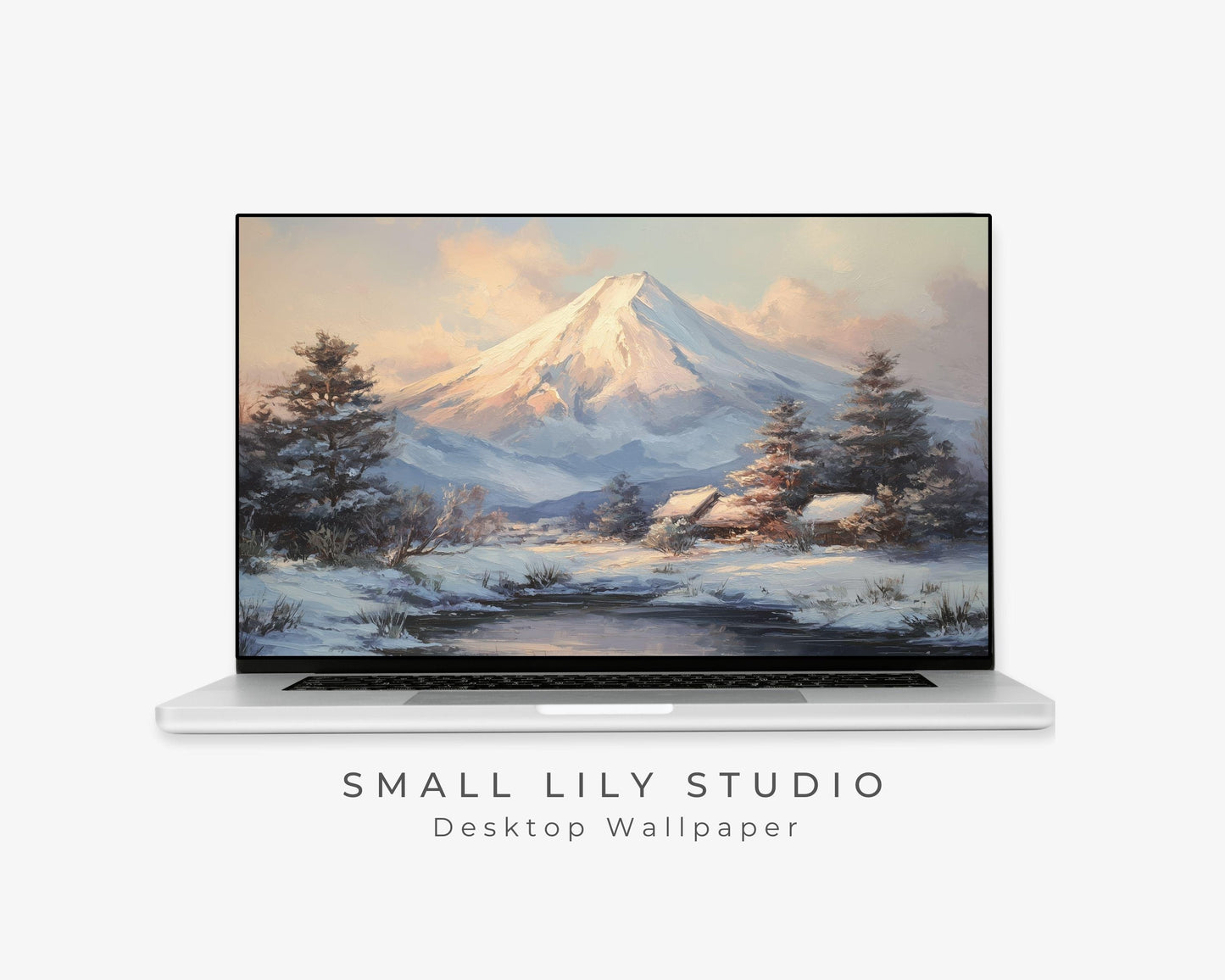 Mt Fuji Japan Desktop Wallpaper, Winter Landscape Macbook Wallpaper, Pink Blue Laptop Background, Vintage Style Painting | WD163