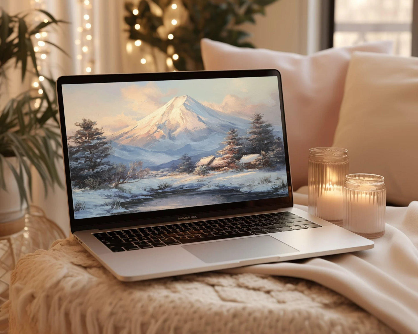 Mt Fuji Japan Desktop Wallpaper, Winter Landscape Macbook Wallpaper, Pink Blue Laptop Background, Vintage Style Painting | WD163