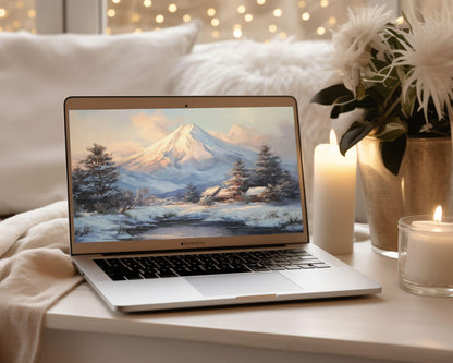 Mt Fuji Japan Desktop Wallpaper, Winter Landscape Macbook Wallpaper, Pink Blue Laptop Background, Vintage Style Painting | WD163