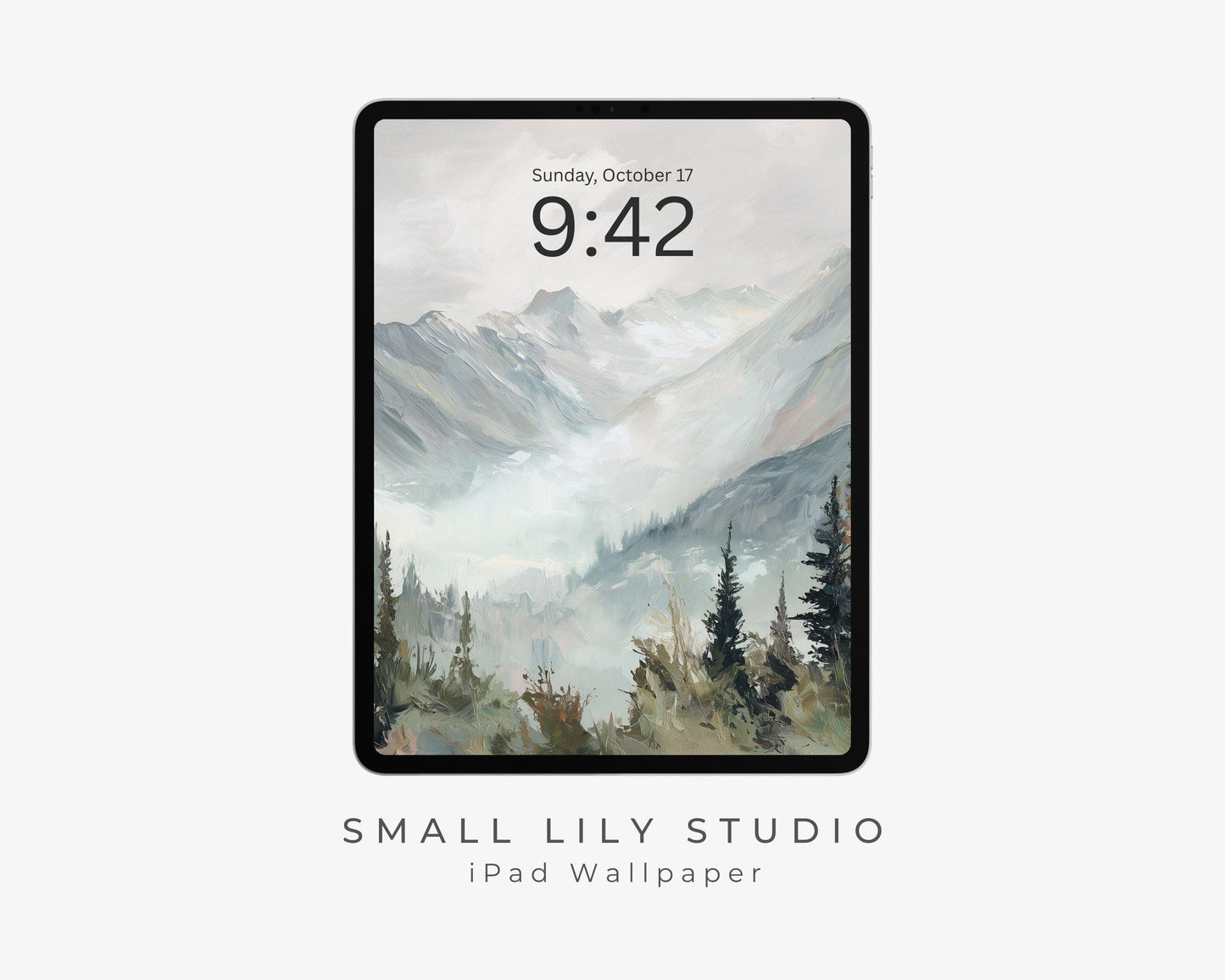 Winter Landscape iPad Wallpaper, Trees and Mountains iPad Background, Nature Tablet Wallpaper, Vintage Style Painting | WT164