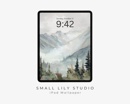 Winter Landscape iPad Wallpaper, Trees and Mountains iPad Background, Nature Tablet Wallpaper, Vintage Style Painting | WT164