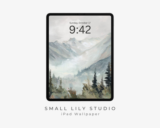 Winter Landscape iPad Wallpaper, Trees and Mountains iPad Background, Nature Tablet Wallpaper, Vintage Style Painting | WT164