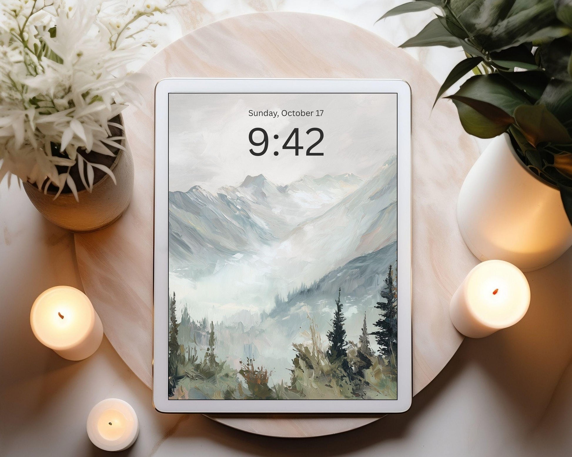 Winter Landscape iPad Wallpaper, Trees and Mountains iPad Background, Nature Tablet Wallpaper, Vintage Style Painting | WT164