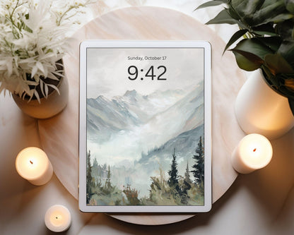Winter Landscape iPad Wallpaper, Trees and Mountains iPad Background, Nature Tablet Wallpaper, Vintage Style Painting | WT164
