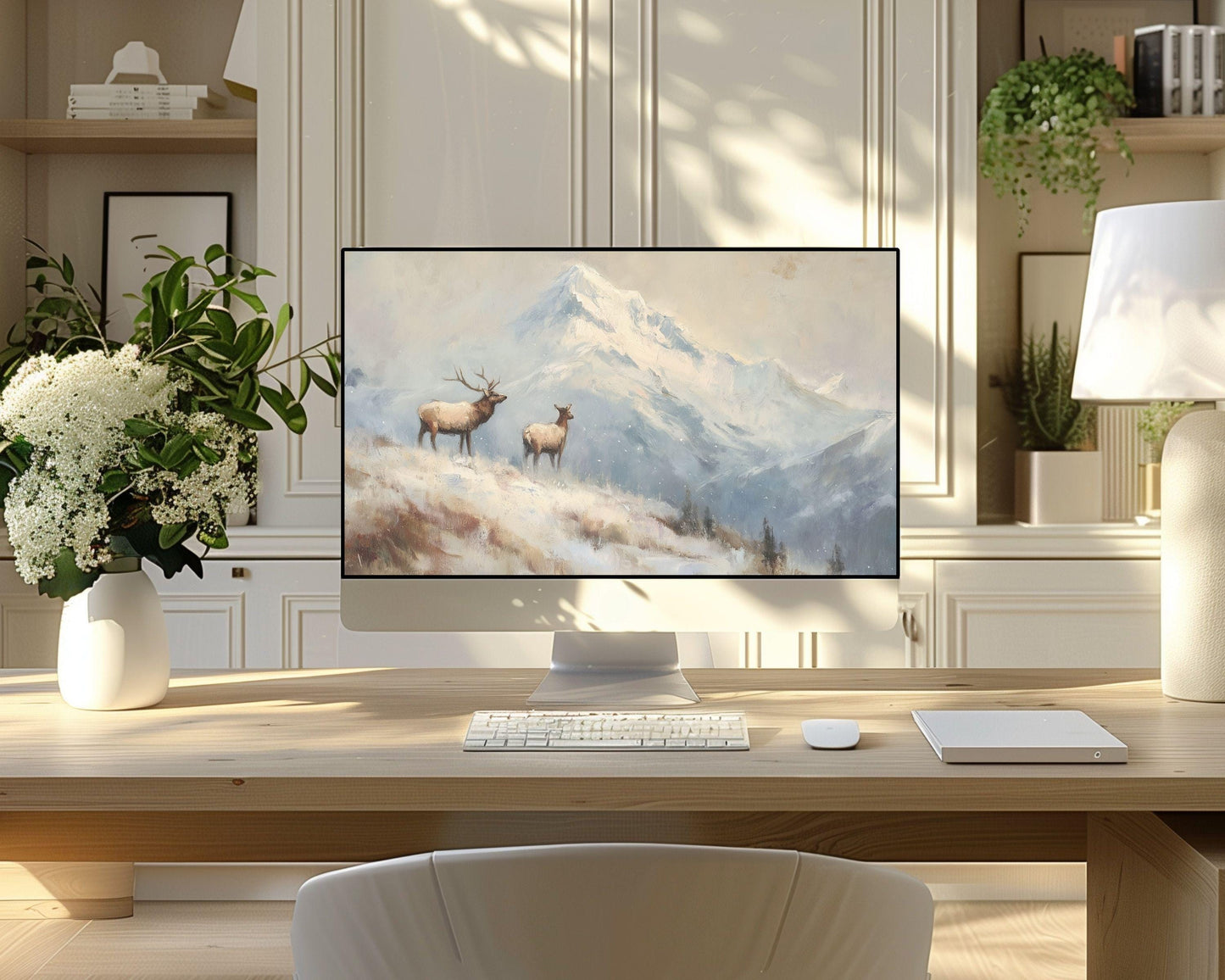Mountain Elk Desktop Wallpaper, Winter Landscape Macbook Wallpaper, Deer Laptop Background, Vintage Style Painting | WD165