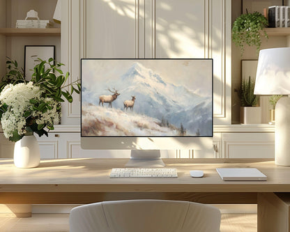 Mountain Elk Desktop Wallpaper, Winter Landscape Macbook Wallpaper, Deer Laptop Background, Vintage Style Painting | WD165