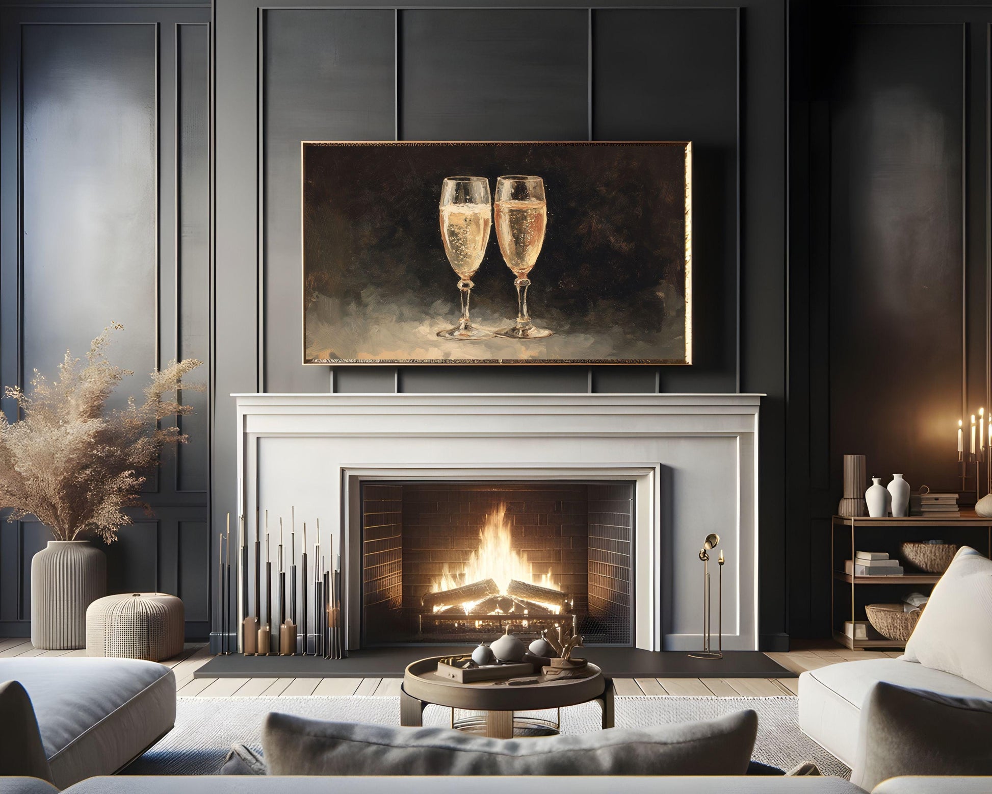 FRAME TV art Champagne Glasses, Samsung Frame TV art Moody New Years Celebration, Vintage Style Painting for Party| TV1066