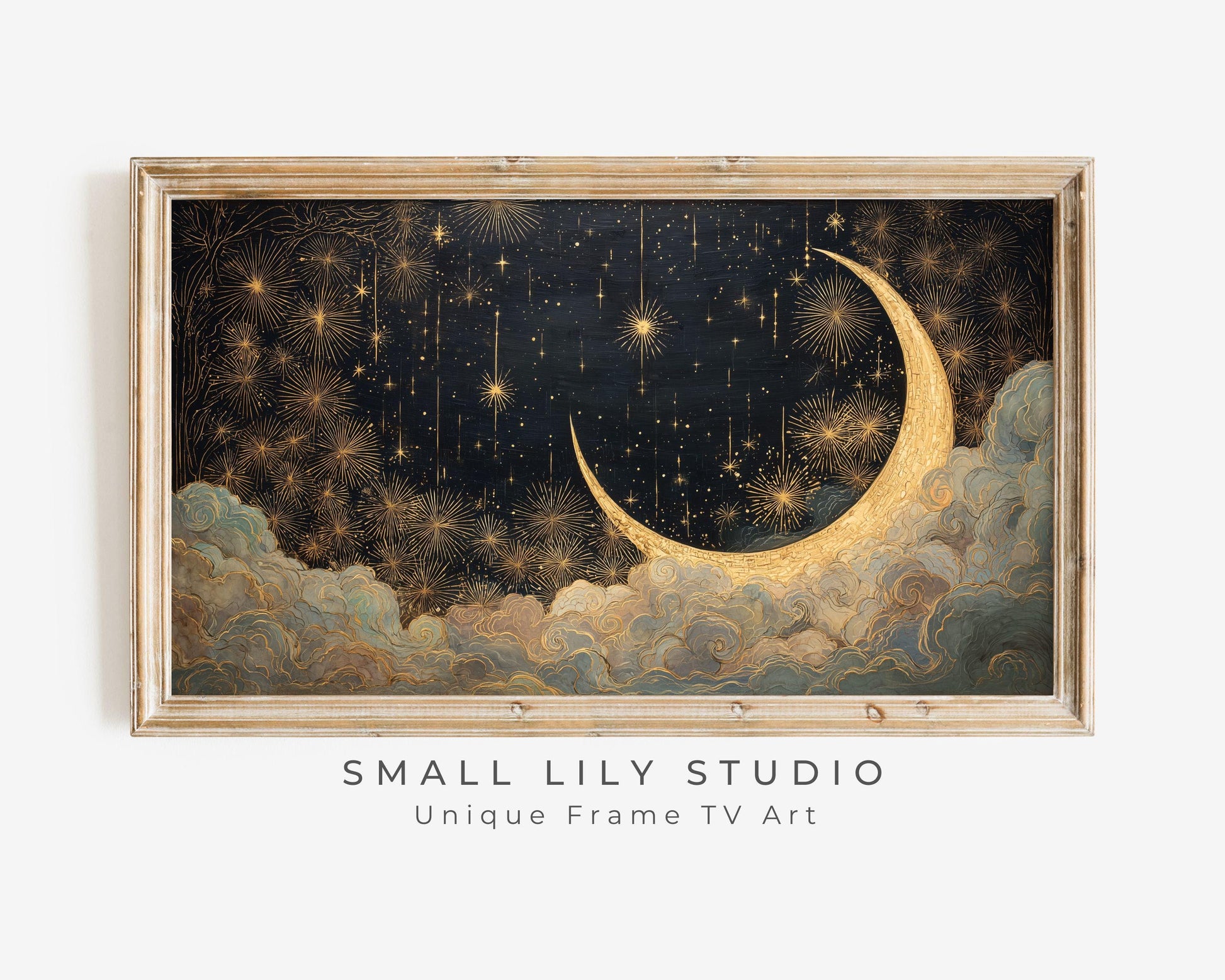 FRAME TV art Art Deco New Years, Samsung Frame TV art Gold Fireworks and Moon, Painting for Gatbsy 1920s Party| TV1069