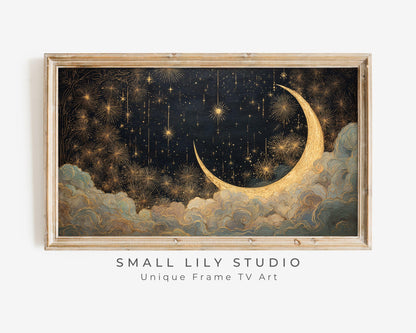 FRAME TV art Art Deco New Years, Samsung Frame TV art Gold Fireworks and Moon, Painting for Gatbsy 1920s Party| TV1069