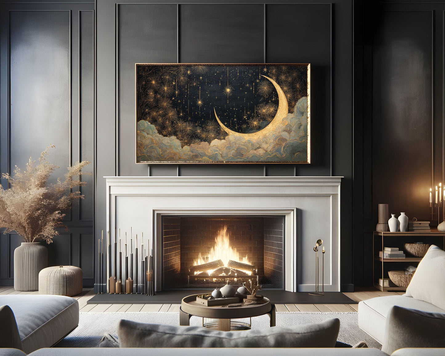 FRAME TV art Art Deco New Years, Samsung Frame TV art Gold Fireworks and Moon, Painting for Gatbsy 1920s Party| TV1069