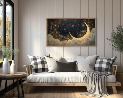 FRAME TV art Art Deco New Years, Samsung Frame TV art Gold Fireworks and Moon, Painting for Gatbsy 1920s Party| TV1069