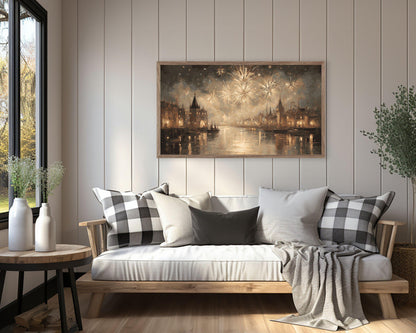 FRAME TV art Gold Fireworks, Samsung Frame TV art New Years Celebration, Vintage Style Painting for Party| TV1070