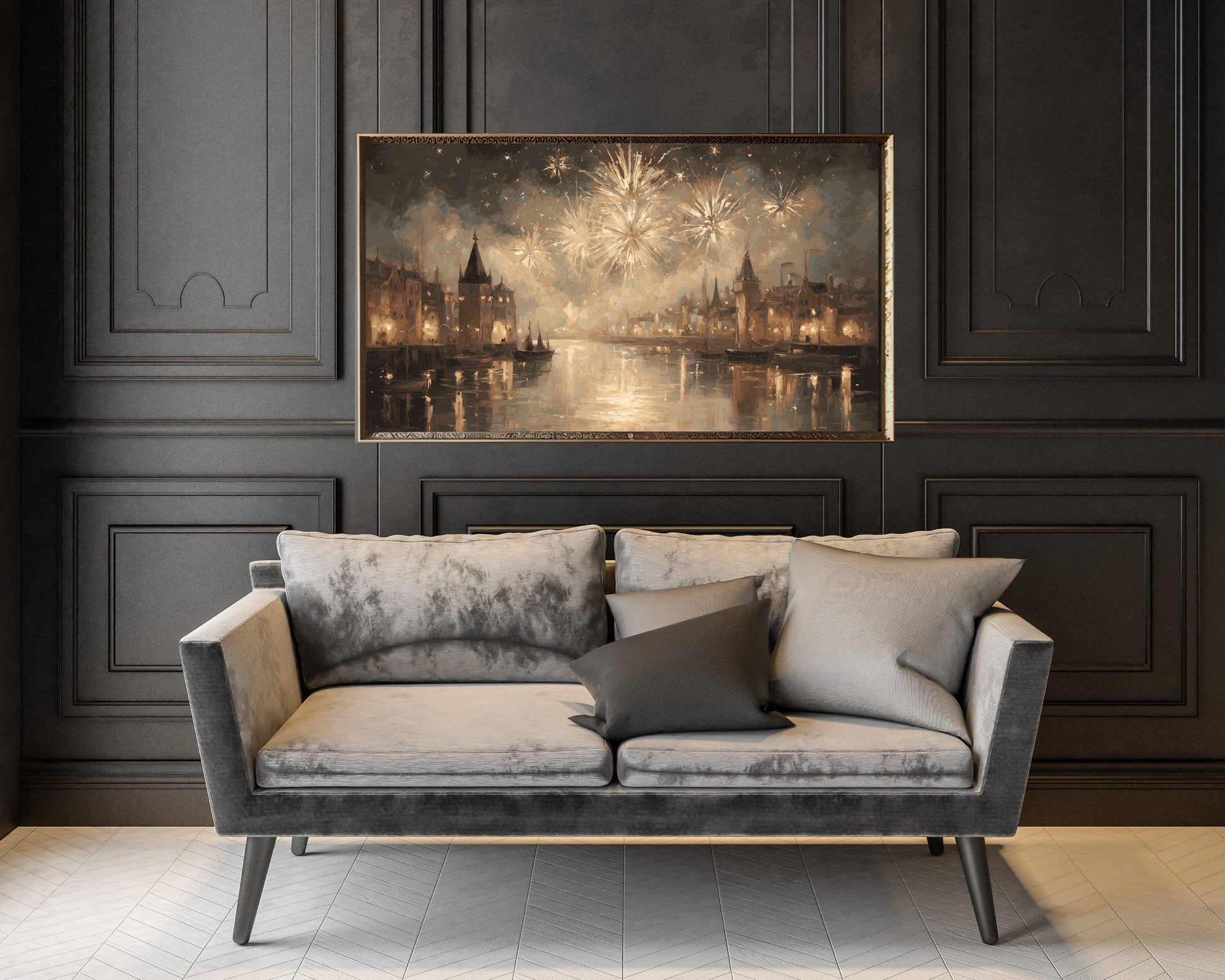 FRAME TV art Gold Fireworks, Samsung Frame TV art New Years Celebration, Vintage Style Painting for Party| TV1070