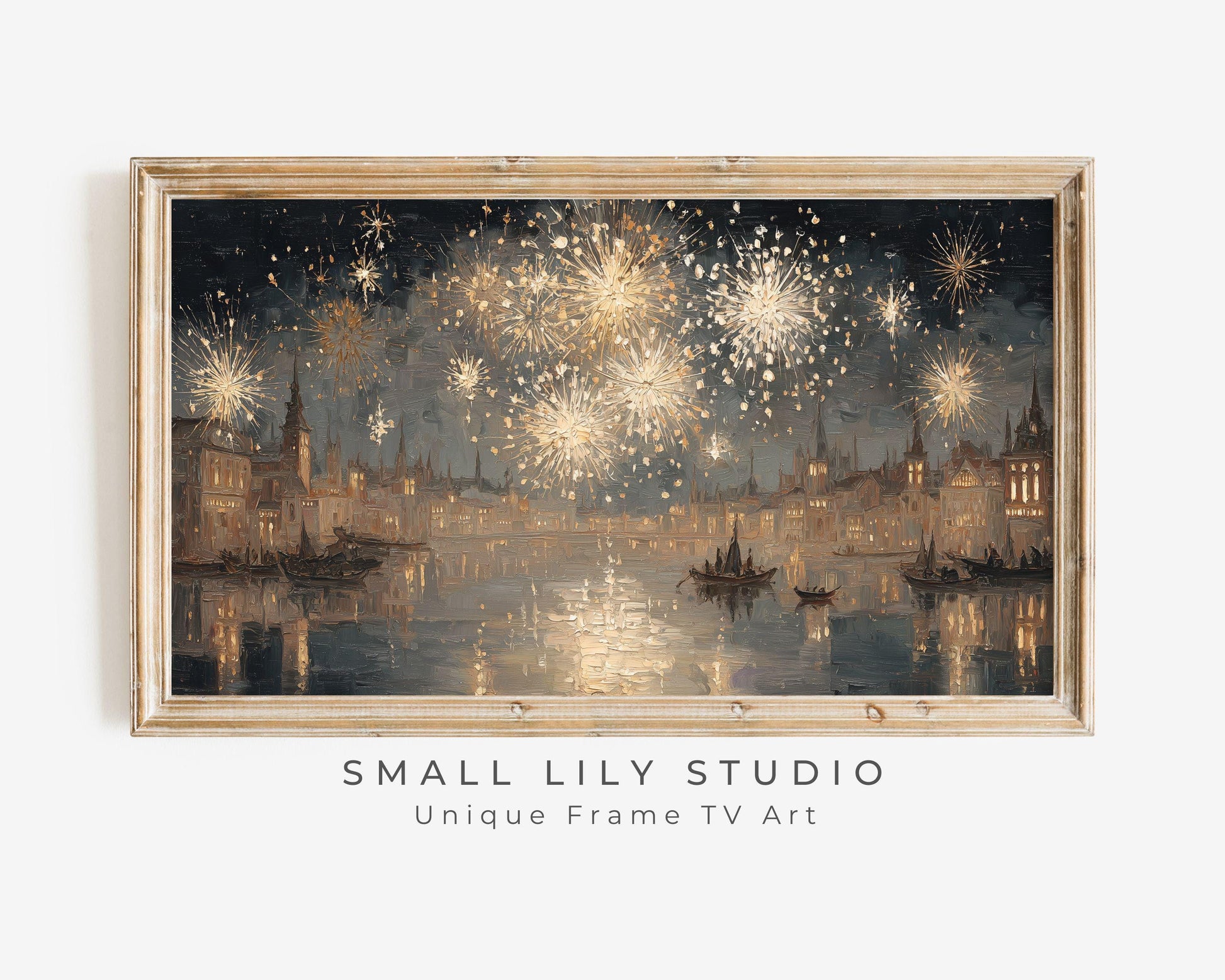 FRAME TV art Gold Fireworks over River, Samsung Frame TV art New Years Celebration, Vintage Style Painting for Party| TV1071
