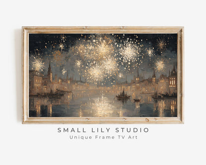 FRAME TV art Gold Fireworks over River, Samsung Frame TV art New Years Celebration, Vintage Style Painting for Party| TV1071